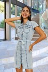 Blue Buttoned Belted Mini Denim Dress