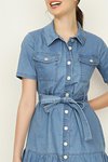 Mavi Önden Düğmeli Eteği Fırfırlı Mini Kot Elbise