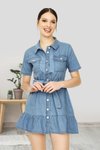 Mavi Önden Düğmeli Eteği Fırfırlı Mini Kot Elbise