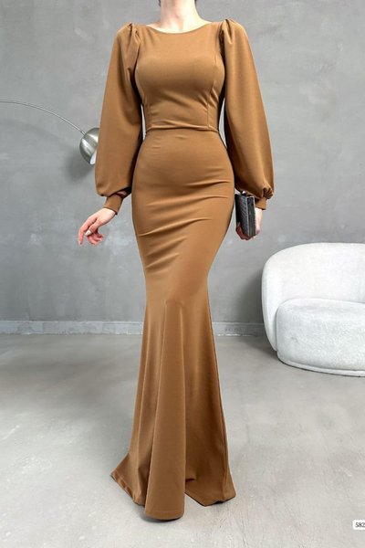 Kahverengi Balon Kol Balık Model İthal Krep Kumaş Uzun Abiye Elbise