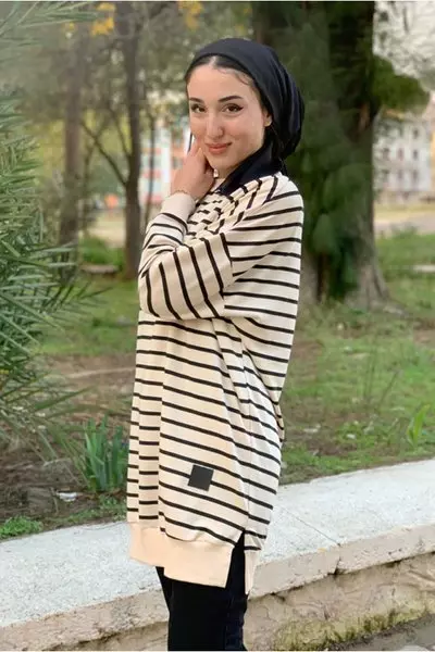 Siyah/bej Çizgili Düşükkol Sweat