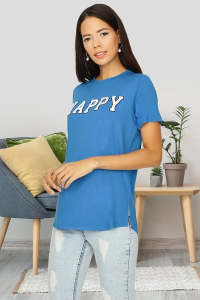 Mavi Yazı Detaylı Basic T-shirt