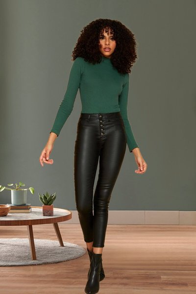 Select Moda Kadın Siyah Deri Görünümlü Yüksel Bel Ispanyol Paça