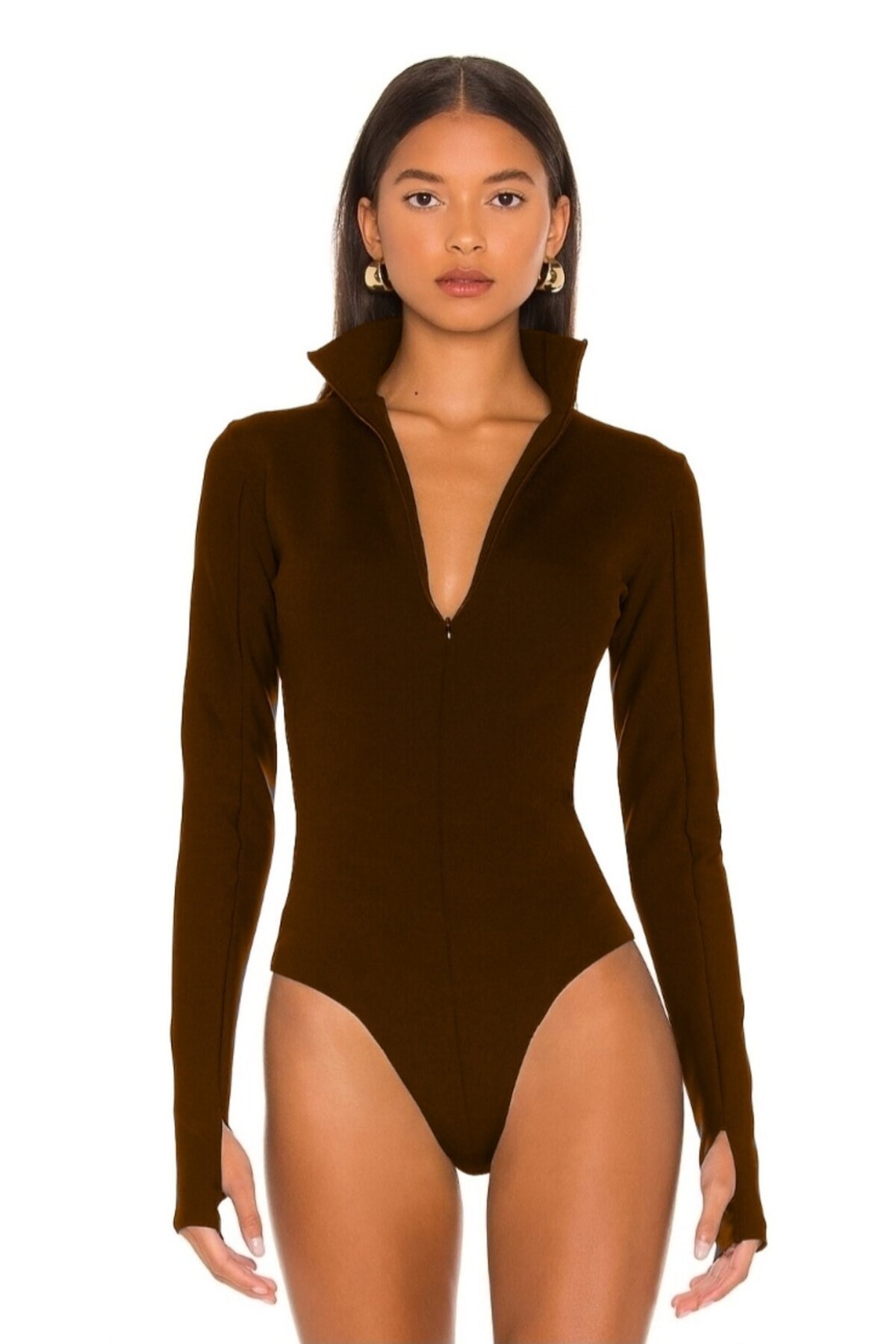 Kahverengi Parmak Geçmeli Fermuar Detaylı İpek Jarse Bodysuit - Perlavista