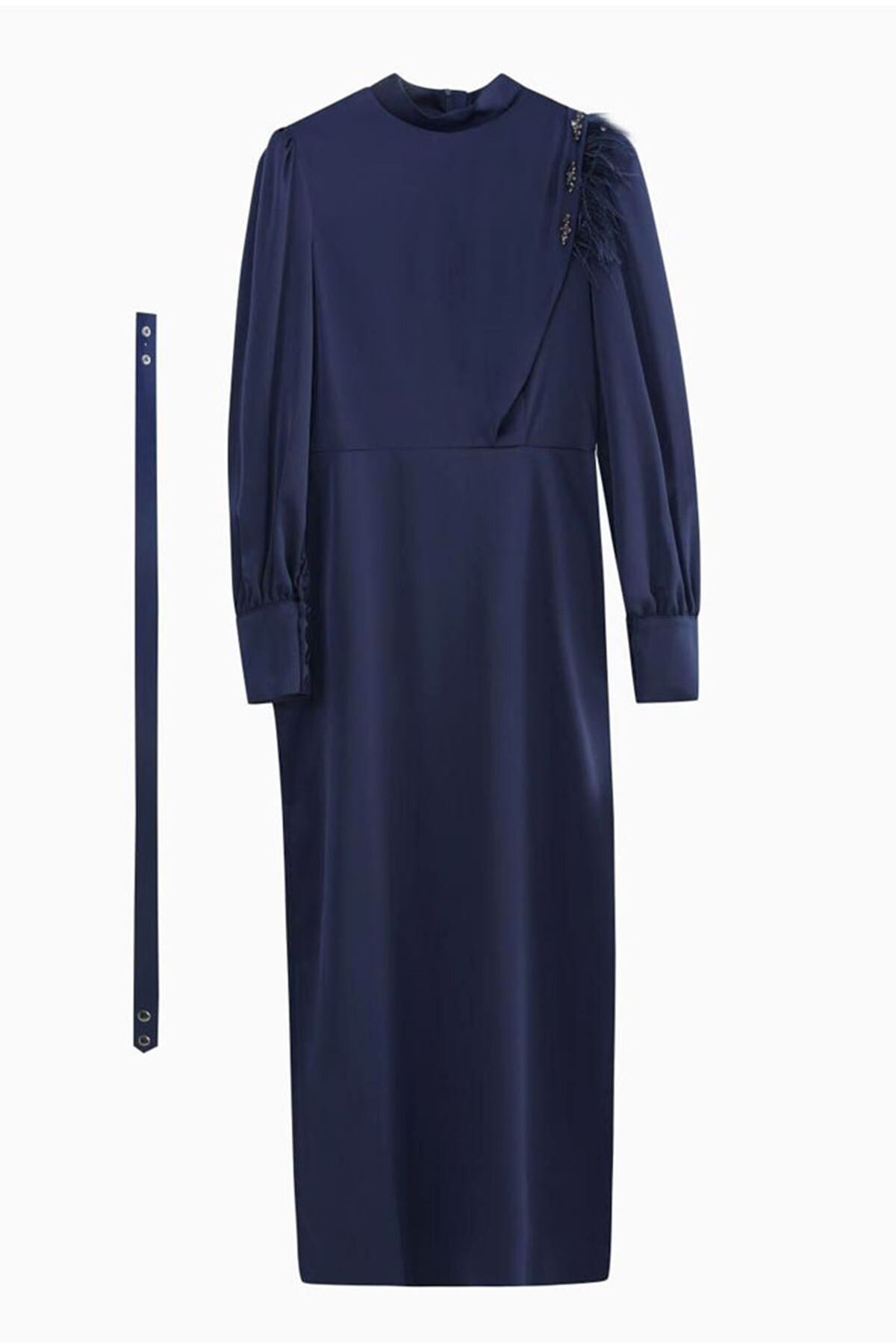 Puane Lacivert Tüy Ve Taş Detaylı Drapeli Abiye Elbise
