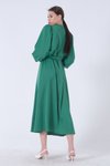 Yeşil Balon Kol Oversize Saten Abiye Elbise