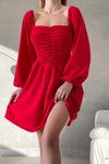 Kırmızı Kare Yaka Drape Detay Ayarlanabilir Uzun Kol Krep Kumaş Mini Elbise