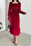 Kırmızı Kare Yaka Gipeli Kol Detay Uzun Kadife Kumaş Midi Elbise