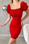 Kırmızı Kare Yaka Sırt Dekolteli İthal Krep Kumaş Mini Elbise