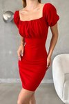 Kırmızı Kare Yaka Sırt Dekolteli İthal Krep Kumaş Mini Elbise