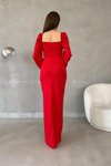 Kırmızı Prenses Kol Yırtmaç Detay Kalp Yaka İthal Krep Kumaş Uzun Abiye Elbise
