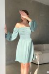 Mint Kare Yaka Drape Detay Ayarlanabilir Uzun Kol Krep Kumaş Midi Elbise