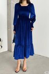 Saks Mavisi Kare Yaka Gipeli Kol Detay Uzun Kadife Kumaş Midi Elbise