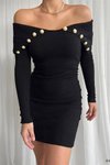 Siyah Düğme Detay Kayık Yaka Uzun Kol Mini Triko Elbise