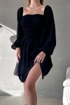 Siyah Kare Yaka Drape Detay Ayarlanabilir Uzun Kol Krep Kumaş Mini Elbise