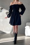 Siyah Kare Yaka Drape Detay Ayarlanabilir Uzun Kol Krep Kumaş Mini Elbise