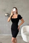 Siyah Kare Yaka Sırt Dekolteli İthal Krep Kumaş Mini Elbise