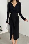 Siyah Kruvaze Yaka Uzun Kol Yırtmaç Detay Sandy Kumaş Midi Elbise