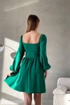 Yeşil Kare Yaka Drape Detay Ayarlanabilir Uzun Kol Krep Kumaş Mini Elbise