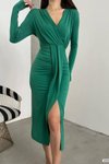 Yeşil Kruvaze Yaka Uzun Kol Yırtmaç Detay Sandy Kumaş Midi Elbise