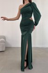 Yeşil Tek Kol Sandy Kumaş Bel Dekolte Detay Büzgülü Uzun Abiye Elbise