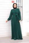 Yeşil Yandan Bağlamalı Kol Ve Boyun Detaylı Uzun Şifon Elbise