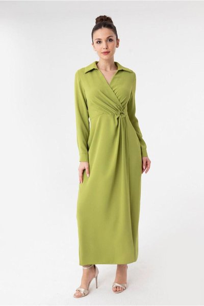 Yağ Yeşili Puane Drapeli Krep Elbise