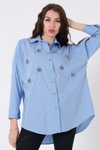 Mavi Ön Göğüs Taş Detaylı Çizgili Gömlek