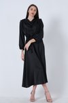Siyah Degaje Yaka Kemerli Saten Midi Elbise