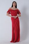 Straplez Kırmızı Yırtmalı Otriş Kol Krep Saten Uzun Abiye Elbise
