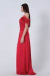Straplez Kırmızı Yırtmalı Otriş Kol Krep Saten Uzun Abiye Elbise