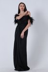 Straplez Siyah Yırtmalı Otriş Kol Krep Saten Uzun Abiye Elbise
