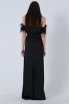 Straplez Siyah Yırtmalı Otriş Kol Krep Saten Uzun Abiye Elbise