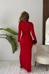 Kırmızı Sandy Kumaş Uzun Kol Vatkalı Detay Yırtmaçlı Tül Abiye Elbise