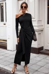 Siyah Sandy Kumaş Büzgü Detay Yırtmaçlı Midi Elbise