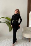 Siyah Sandy Kumaş Detay Vatkalı Transparan Tül Uzun Abiye Elbise