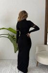 Siyah Sandy Kumaş Detay Vatkalı Transparan Tül Uzun Abiye Elbise