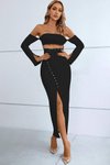 Siyah Sandy Kumaş Rivet Detaylı Straplez Yaka Yırtmaçlı Uzun Abiye Elbise