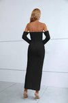 Siyah Sandy Kumaş Rivet Detaylı Straplez Yaka Yırtmaçlı Uzun Abiye Elbise
