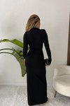 Siyah Sandy Kumaş Uzun Kol Vatkalı Detay Yırtmaçlı Tül Abiye Elbise
