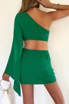 Tek Omuzlu Yeşil İthal Pera Keten Kumaş İçi Astarlı Toka Detaylı Kol Mini Elbise