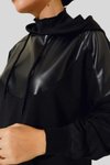Siyah Kapüşonlu Deri Detaylı Yanı Yırtmaçlı Tunik