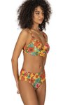 Turuncu Yeşil Büyük Beden Destekli Büzgü Detaylı Çiçek Desenli Bikini Takım
