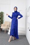 Mavi Kuşağı Boncuklu Saten Abiye Elbise