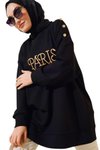 Siyah Omuzu Düğme Detaylı Paris Baskılı Tunik
