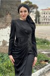 Siyah Drapeli Taşlı Saten Abiye Elbise