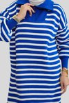 Saks Mavi Yakası Fermuarlı Çizgili Triko Spor Elbise