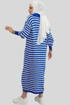 Saks Mavi Yakası Fermuarlı Çizgili Triko Spor Elbise