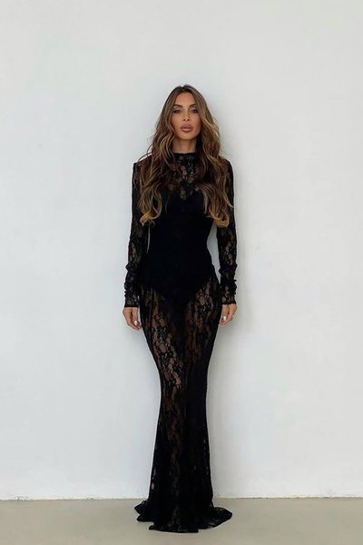 Siyah Dantel Kumaş İçi Bodysuit Sandy Uzun Abiye Elbise