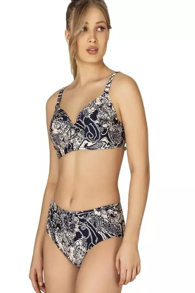 Beyaz Mavi Büyük Beden Destekli Büzgü Detaylı Şal Desenli Bikini Takım